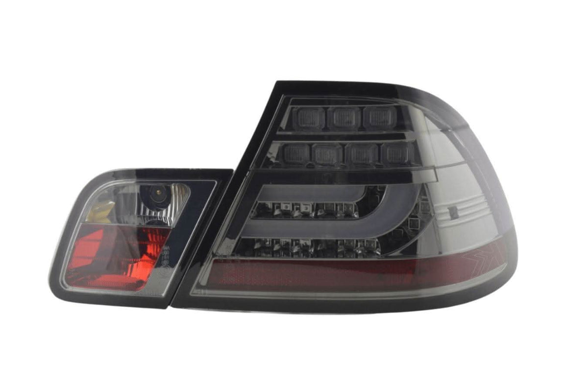 BMW 3-series E46 Coupe tail lights set with chrome and smoked LED lightbar, facelift model 2003-2007, by K2 Industries.