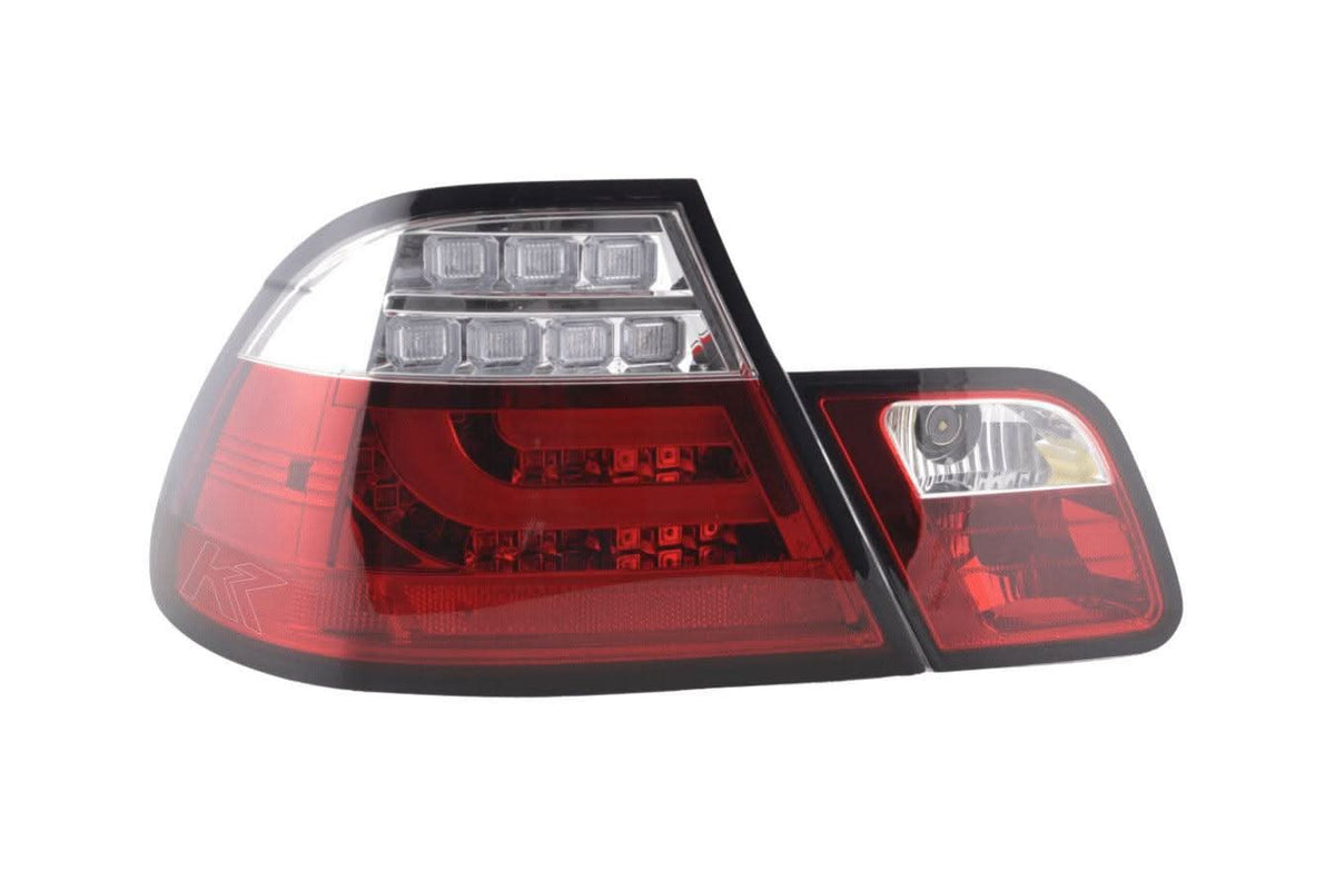 BMW 3-Series E46 Coupe red LED tail light set by K2 Industries, showing sleek taillights with illuminated LED bars for 1999-2002 models.