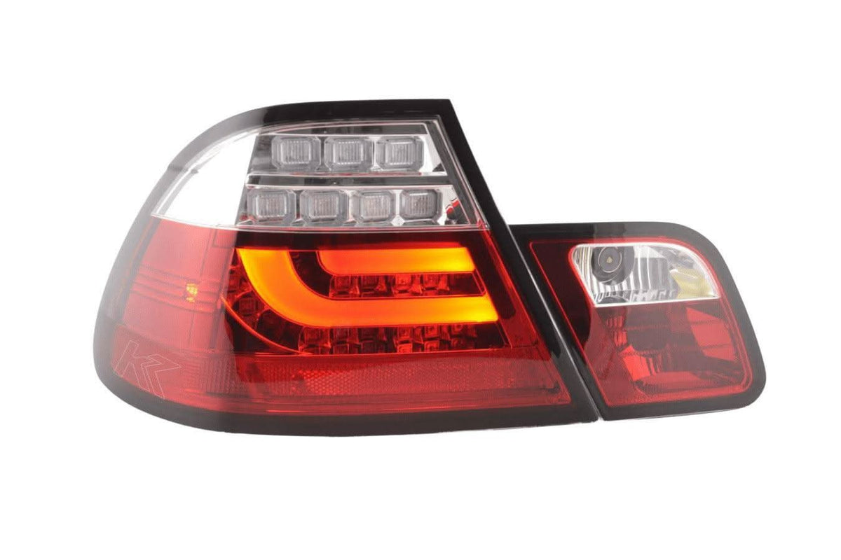 BMW 3-series E46 Coupe red LED taillights set by K2 Industries, showing the sleek tail light design for models 1999-2002.