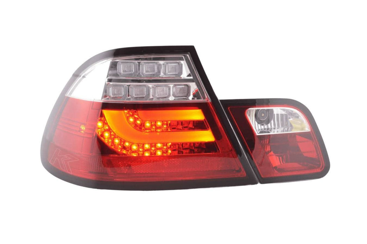 BMW 3-series E46 Coupe red LED taillights set by K2 Industries, featuring sleek tail light assembly for 1999-2002 models.