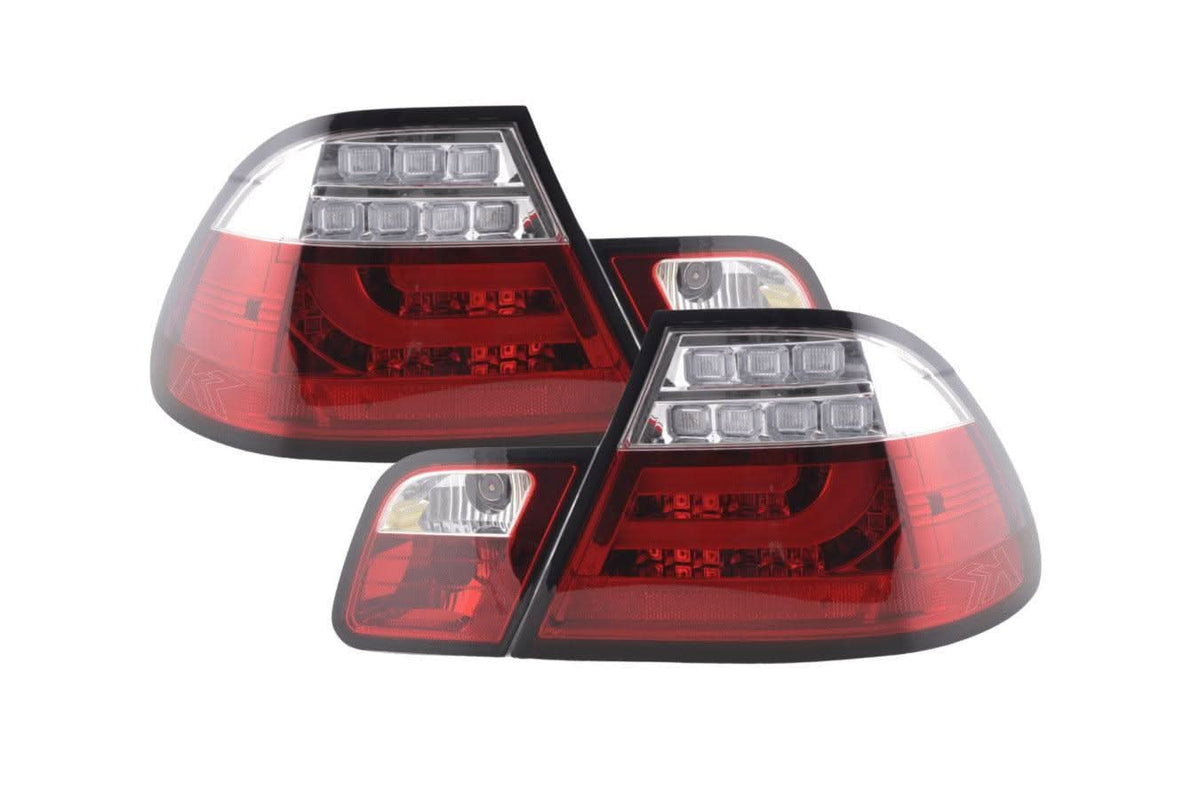 BMW 3-series E46 Coupe red LED tail light set by K2 Industries, featuring sleek taillights for models 1999-2002.