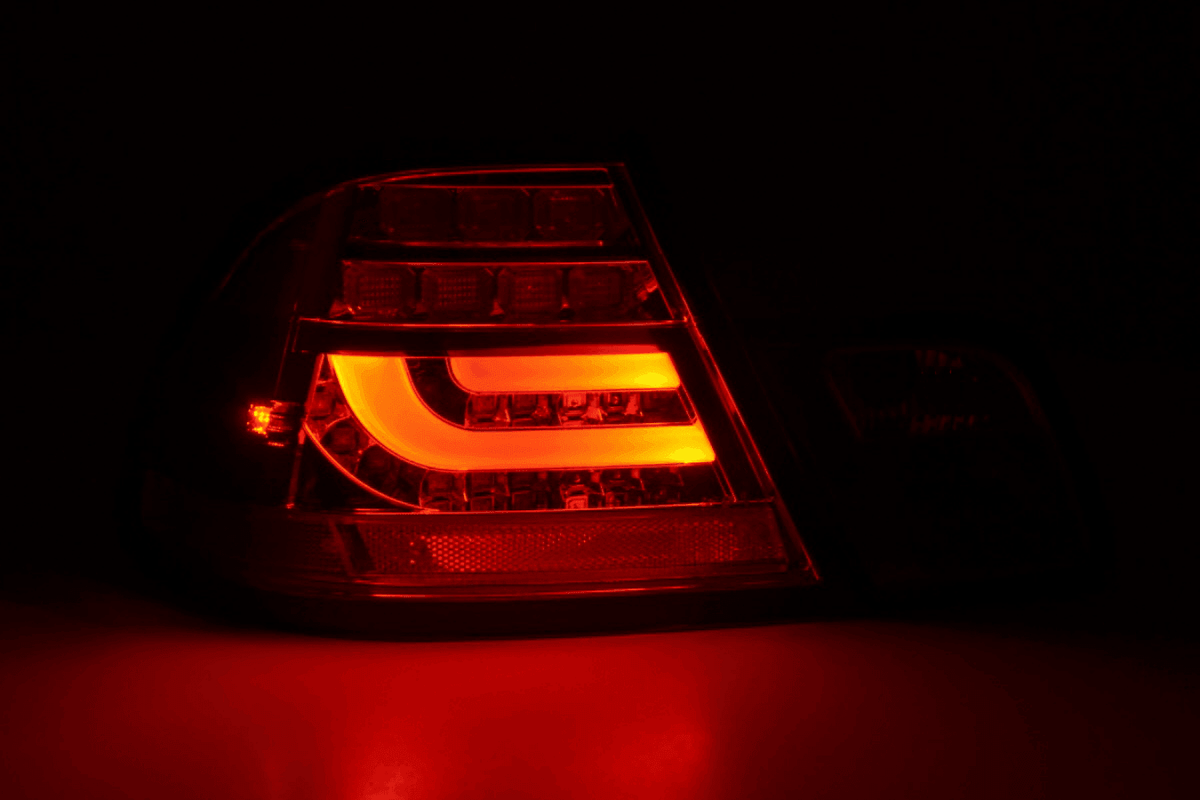 BMW 3-series E46 Coupe red LED tail light set by K2 Industries, showing sleek taillights with integrated LED lightbar for 1999-2002 models.