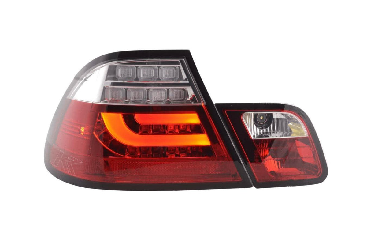 BMW 3-series E46 Coupe red LED taillights set by K2 Industries, showing sleek tail light assembly for 2003-2007 models.