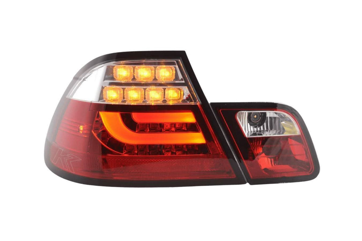 BMW 3-series E46 Coupe red LED taillights set by K2 Industries, showing the sleek tail light assembly for 2003-2007 models.