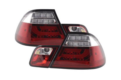 BMW 3-series E46 Coupe red LED taillights set by K2 Industries, showing the tail light assembly for 2003-2007 models.