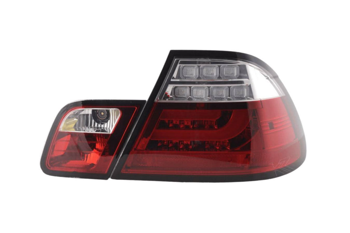 BMW 3-series E46 coupe red LED taillights set by K2 Industries, featuring sleek tail light bars for 2003-2007 models.
