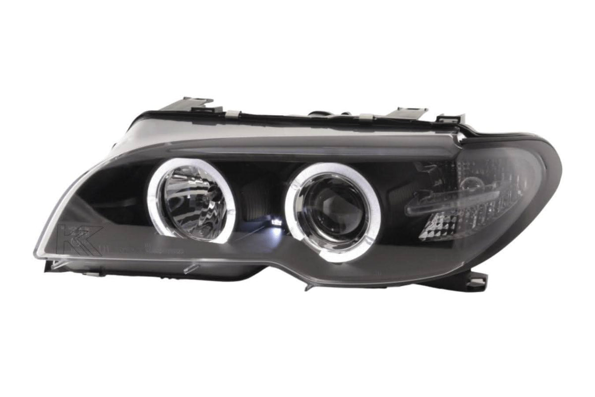 BMW 3-series E46 coupe/convertible black Xenon Angel Eyes headlights by K2 Industries, for 2003-2005 models.