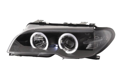 BMW 3-series E46 coupe/convertible black Xenon Angel Eyes headlights by K2 Industries, for 2003-2005 models.