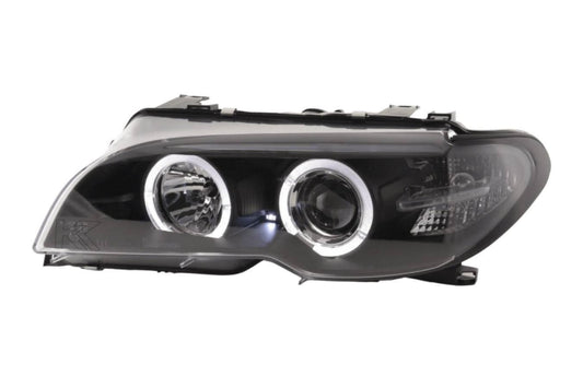 BMW 3-series E46 coupe/convertible black Xenon Angel Eyes headlights by K2 Industries, for 2003-2005 models.