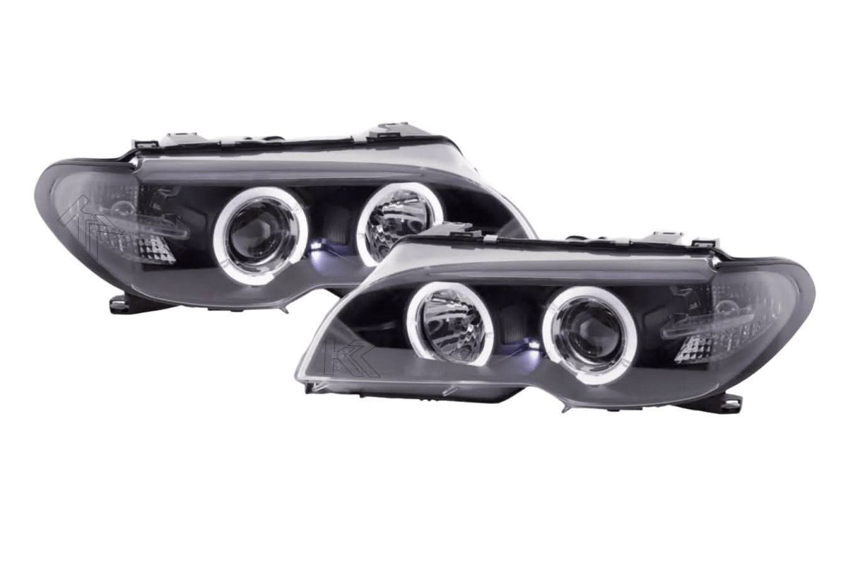 BMW 3-series E46 coupe/convertible black Xenon angel eyes headlights by K2 Industries, for 2003-2005 models, with clear lens and black housing.
