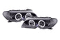 BMW 3-series E46 coupe/convertible black Xenon angel eyes headlights by K2 Industries, for 2003-2005 models, with clear lens and black housing.