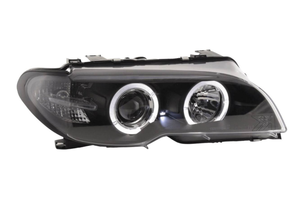 BMW 3-series E46 coupe/convertible black Xenon angel eyes headlights by K2 Industries, for 2003-2005 models.