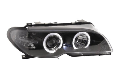 BMW 3-series E46 coupe/convertible black Xenon angel eyes headlights by K2 Industries, for 2003-2005 models.
