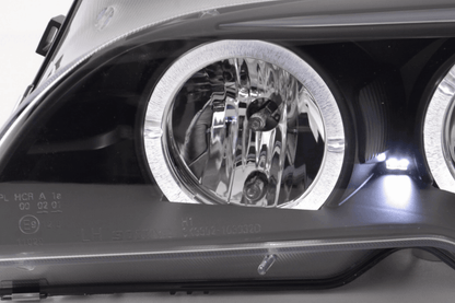 BMW 3-series E46 coupe/convertible black Xenon angel eyes headlights by K2 Industries, for 2003-2005 models.