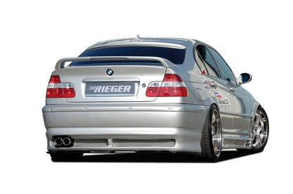BMW 3-Series E46 Rieger rear window cover by K2 Industries, close-up of black tinted car window accessory.