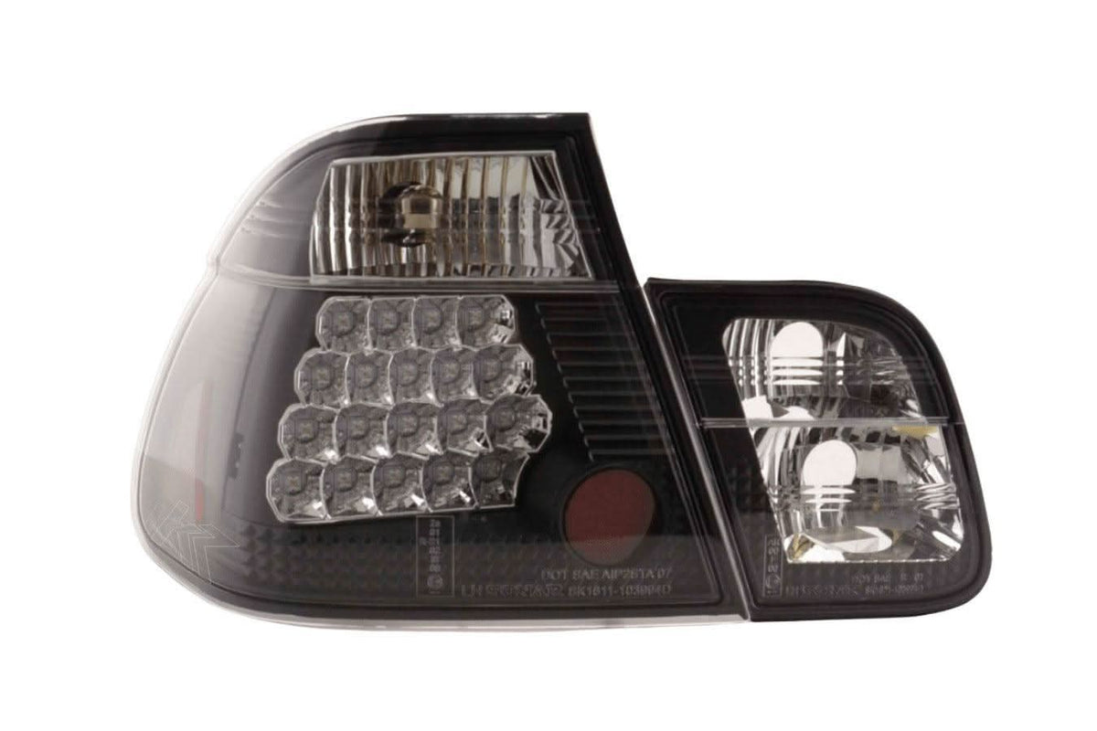 Black BMW 3 Series E46 sedan Altezza style LED taillights for pre-facelift models, featuring sleek design for 1998-2001.