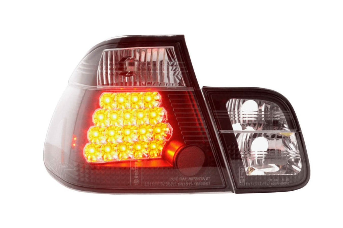 Black Altezza style LED taillights for BMW 3 Series E46 Sedan pre-facelift, by K2 Industries, with clear lens and red accents.