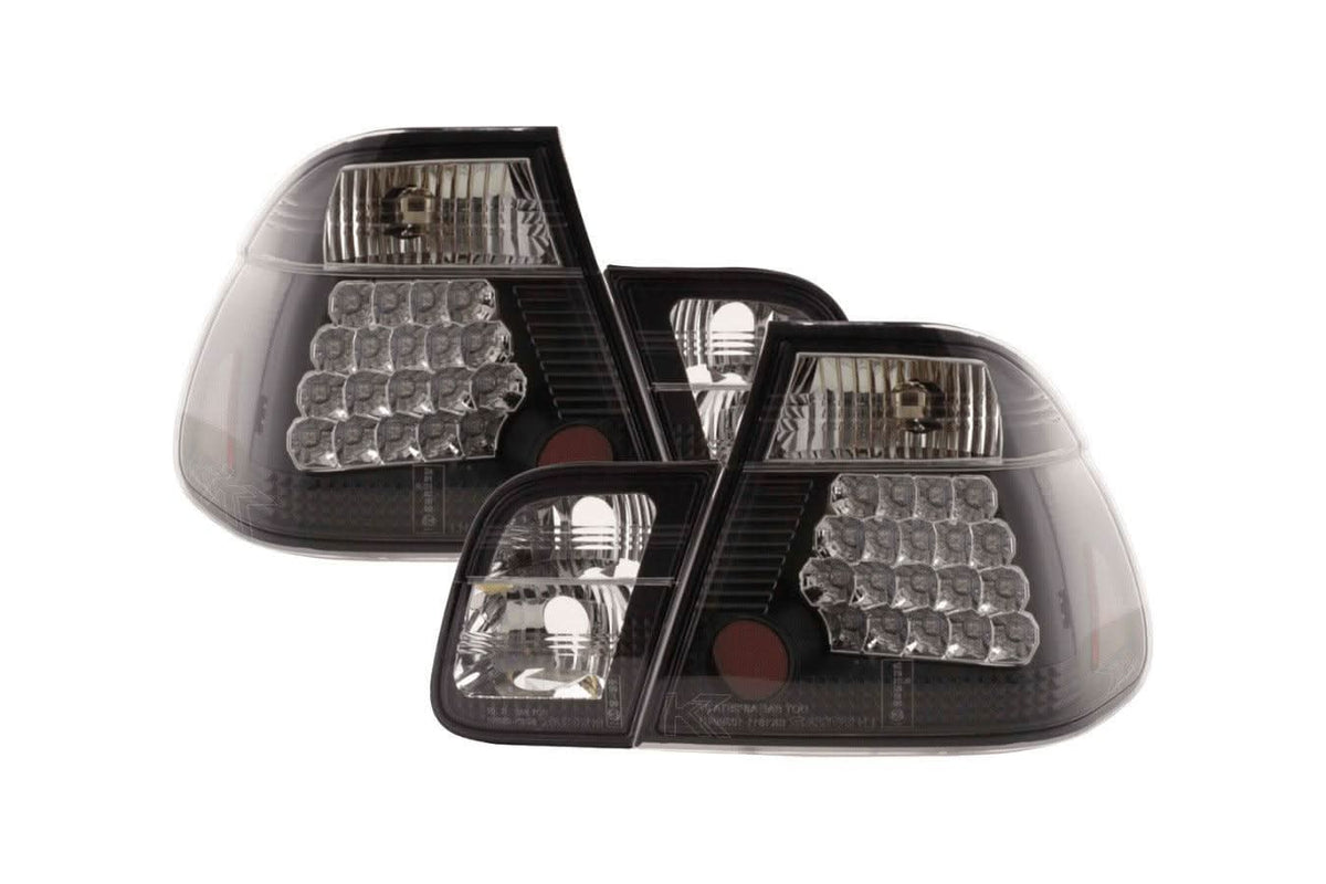 Black Altezza style LED tail lights for BMW 3 Series E46 sedan pre-facelift from K2 Industries, showing the sleek rear lighting design.