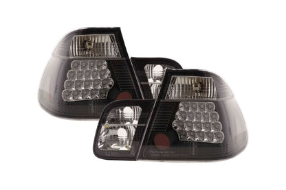 Black Altezza style LED tail lights for BMW 3 Series E46 sedan pre-facelift from K2 Industries, showing the sleek rear lighting design.