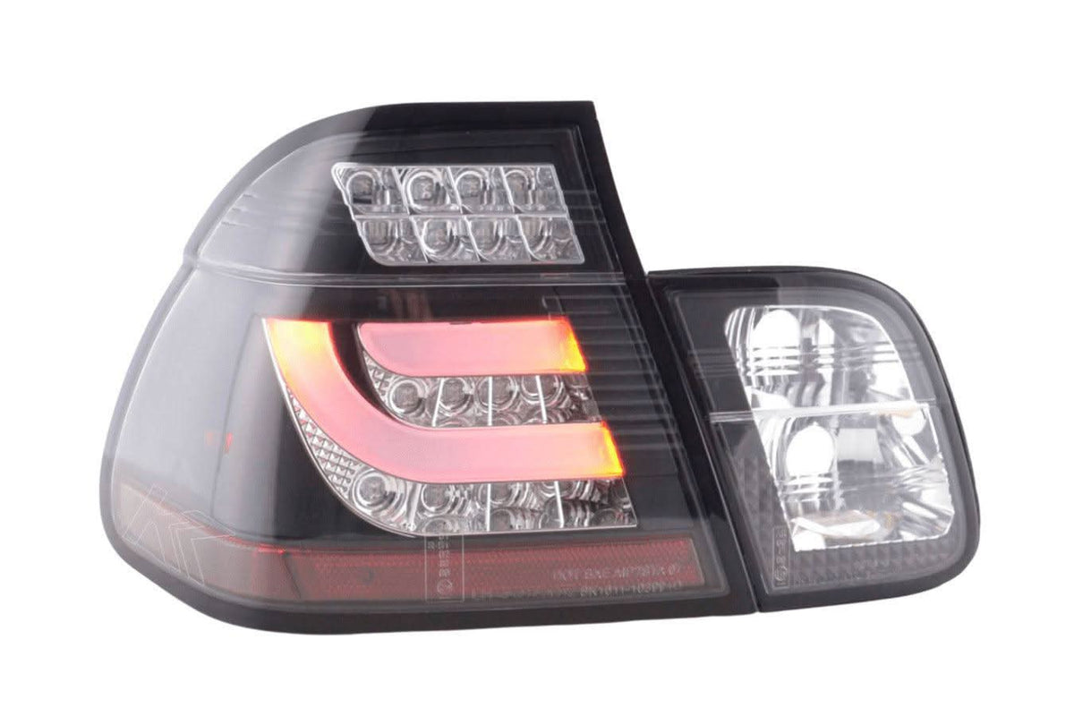 BMW 3 Series E46 sedan black clear LED tail light set by K2 Industries, showing the sleek design of the taillights.