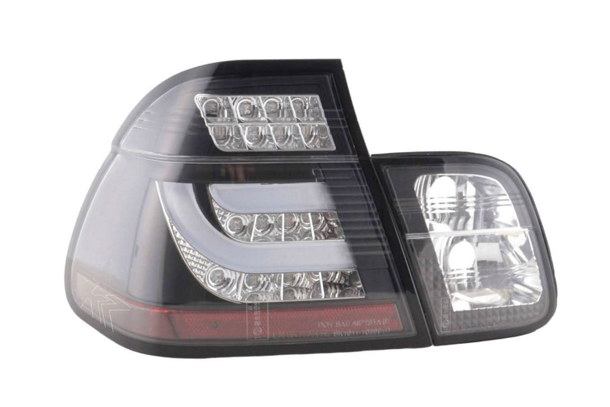 Black clear LED tail light set for BMW 3-series E46 Sedan, 1998-2001, by K2 Industries, shown on the vehicle.