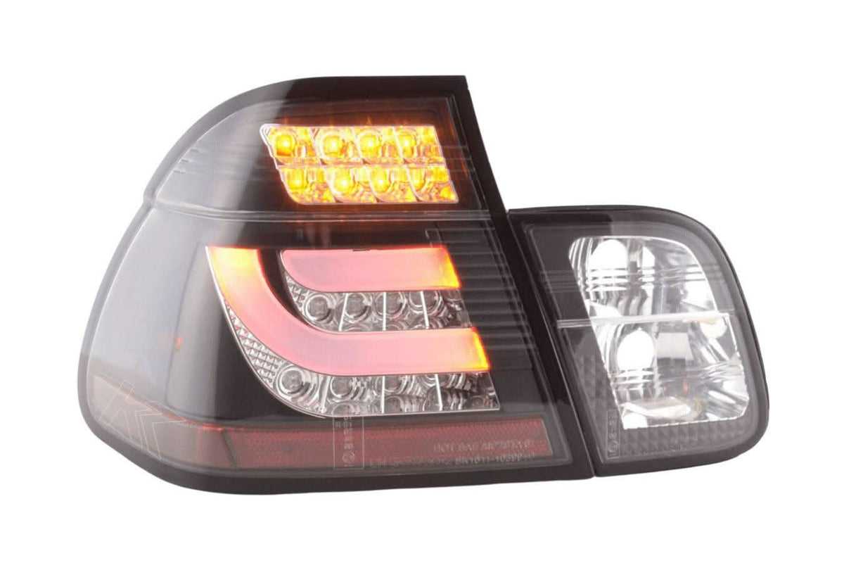 BMW 3-series E46 sedan black clear LED taillights set by K2 Industries, 1998-2001. Close-up of tail light assembly with LED lightbar.
