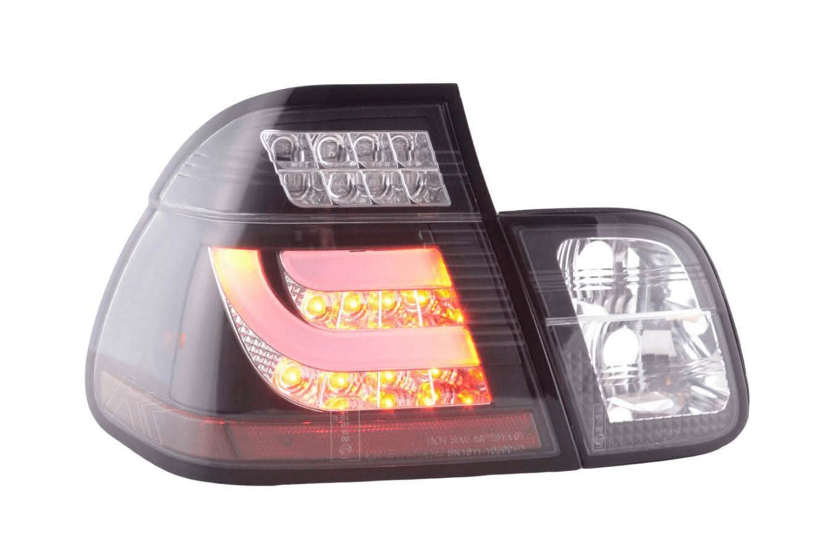 BMW 3 Series E46 sedan black clear LED tail light set by K2 Industries, showcasing the sleek taillights for 1998-2001 models.