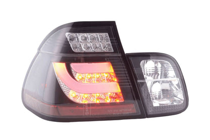 BMW 3 Series E46 sedan black clear LED tail light set by K2 Industries, showcasing the sleek taillights for 1998-2001 models.
