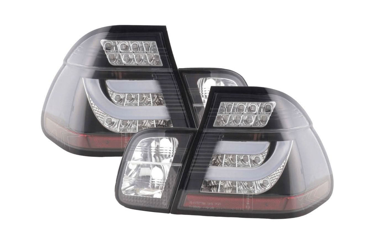 Black clear LED tail light set for BMW 3 Series E46 sedan, 1998-2001, by K2 Industries, shown on a black BMW E46 sedan.