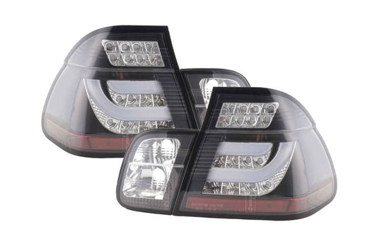 Black clear LED tail light set for BMW 3 Series E46 sedan, 1998-2001, by K2 Industries, shown on a black BMW E46 sedan.