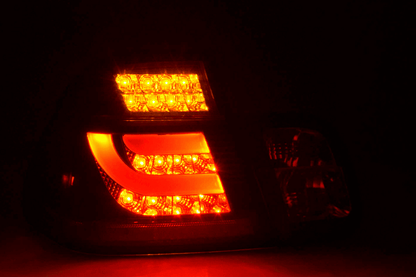 BMW 3 Series E46 sedan black clear LED tail light set by K2 Industries, for 1998-2001 model year, showing the rear view.