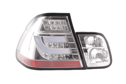 BMW 3-Series E46 sedan chrome LED tail lights for pre-facelift models, installed on the rear of the vehicle.