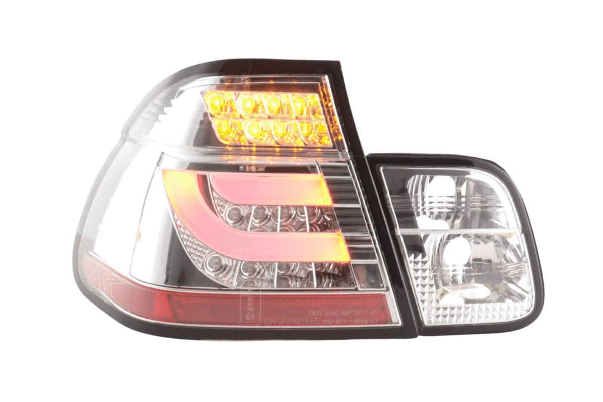 BMW 3-Series E46 sedan chrome LED tail lights, pre face lift model (1998-2001) by K2 Industries showing the taillight assembly.