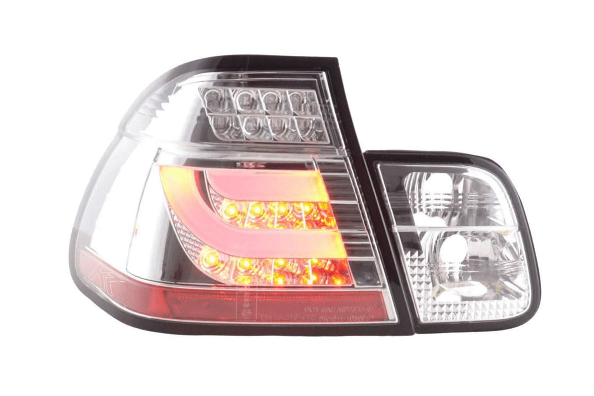 BMW 3-Series E46 sedan chrome LED tail lights, pre face lift 1998-2001, by K2 Industries, showing close-up of tail light assembly.