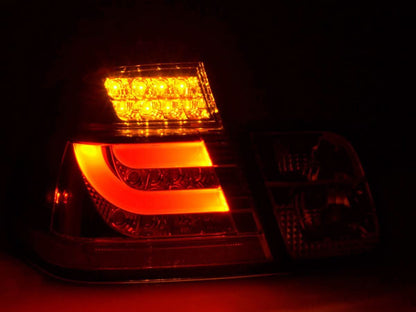 BMW 3-Series E46 sedan chrome LED tail lights for pre-facelift models (1998-2001) by K2 Industries, showing the sleek lightbar design.