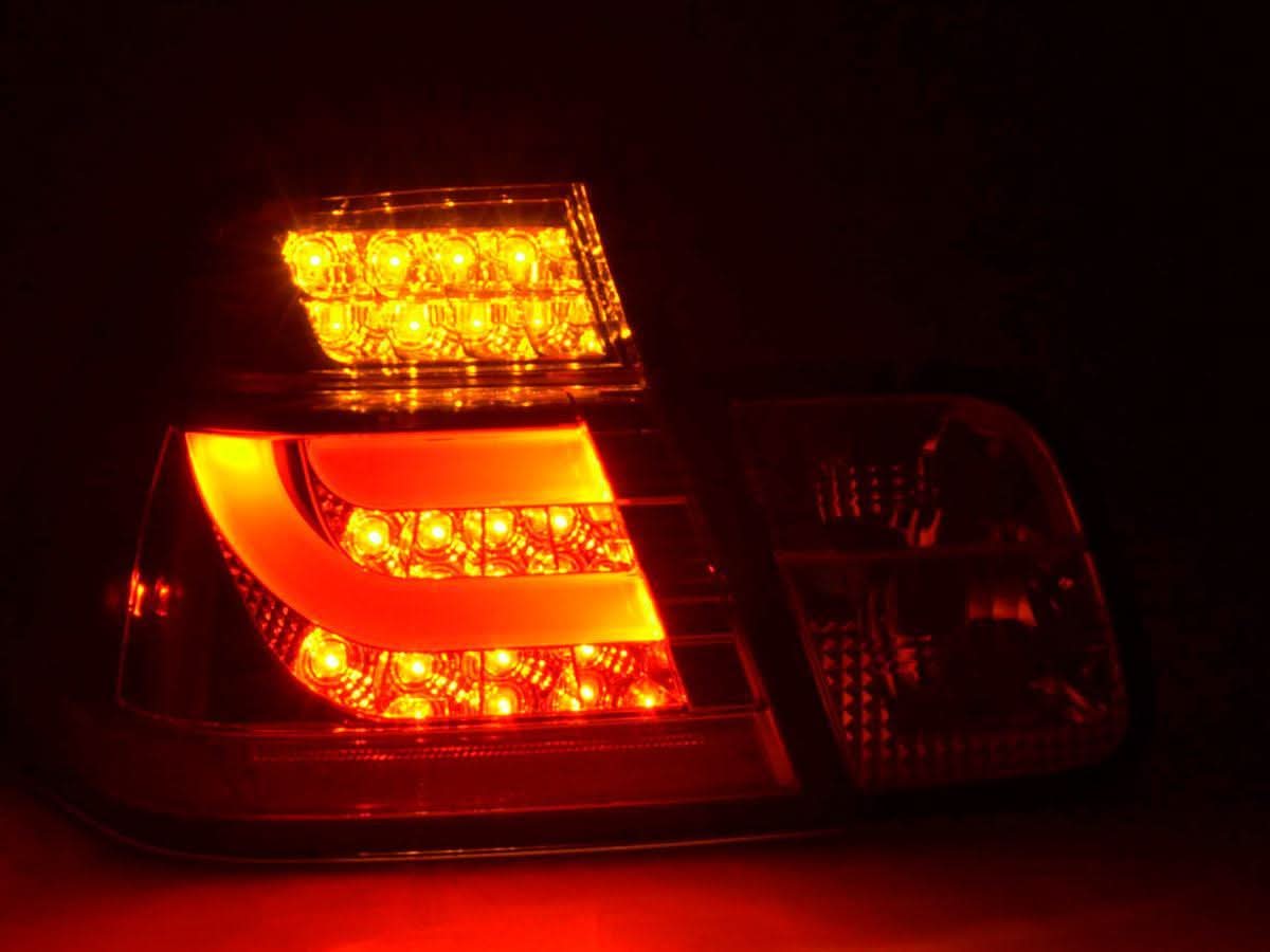 BMW 3-Series E46 sedan chrome LED taillights for pre-facelift models (1998-2001), by K2 Industries, showing the sleek lightbar design.