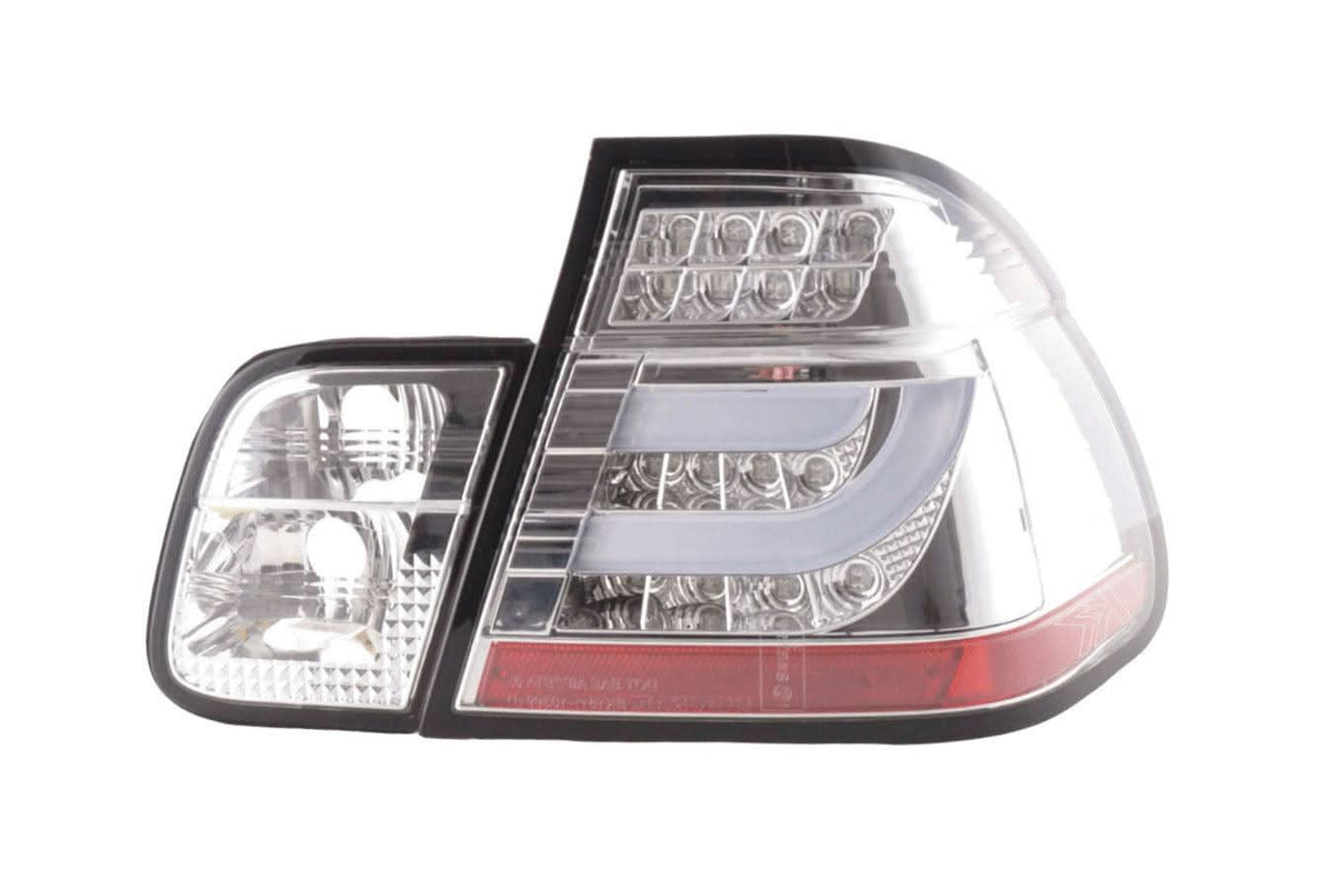 BMW 3-Series E46 sedan chrome LED tail lights for pre-facelift models, featuring sleek design by K2 Industries.