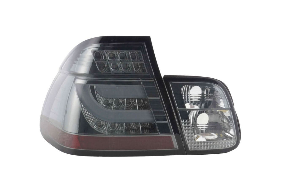 BMW 3-Series E46 sedan chrome smoked LED tail light set by K2 Industries, showing sleek taillights with smoked finish and LED design.
