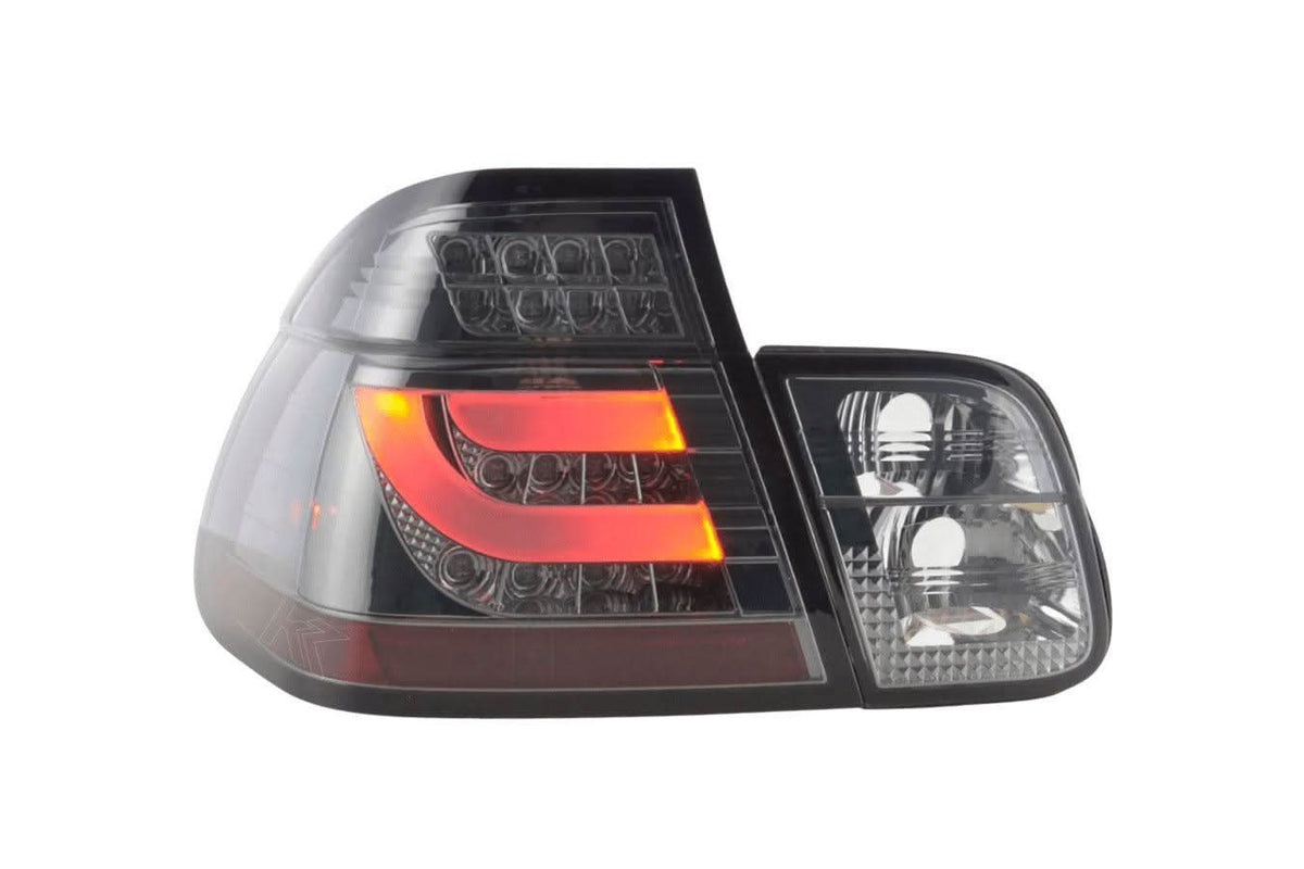 BMW 3-series E46 Sedan chrome smoked LED tail lights set by K2 Industries, showing the sleek rear light design with smoked lenses.