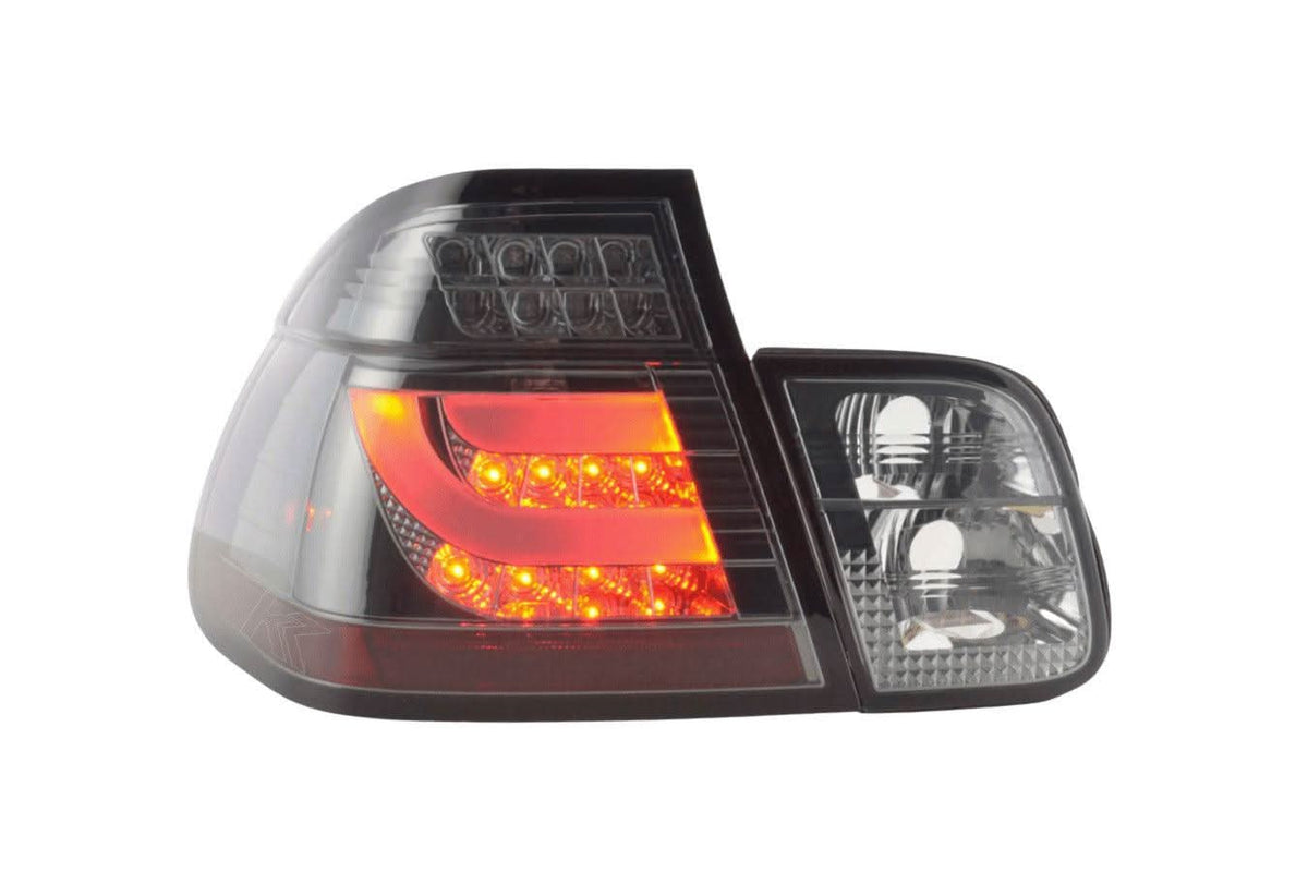 BMW 3-Series E46 sedan chrome smoked LED taillights set by K2 Industries, showing close-up of sleek, smoked lens design.