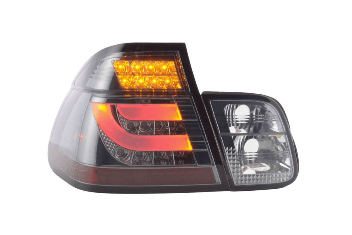 BMW 3-Series E46 Sedan chrome smoked LED tail lights set by K2 Industries, showing the sleek lightbar design for 1998-2001 models.
