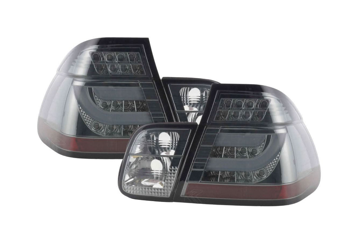 BMW 3-series E46 sedan chrome smoked LED taillights set, designed by K2 Industries, for models 1998-2001.
