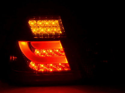 BMW 3-series E46 sedan chrome smoked LED tail light set by K2 Industries, featuring sleek design and LED lightbar for 1998-2001 models.