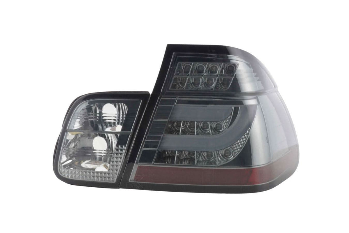 BMW 3-series E46 sedan chrome smoked LED tail lights set by K2 Industries, featuring sleek design and integrated LED light bar.