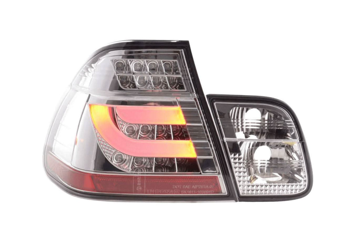BMW 3-series E46 sedan chrome and clear LED tail light set by K2 Industries, showing the facelift style for 2002-2005 models.