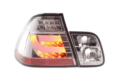 BMW 3-series E46 sedan tail lights set with chrome and clear LED lightbar, for facelift models 2002-2005, by K2 Industries.