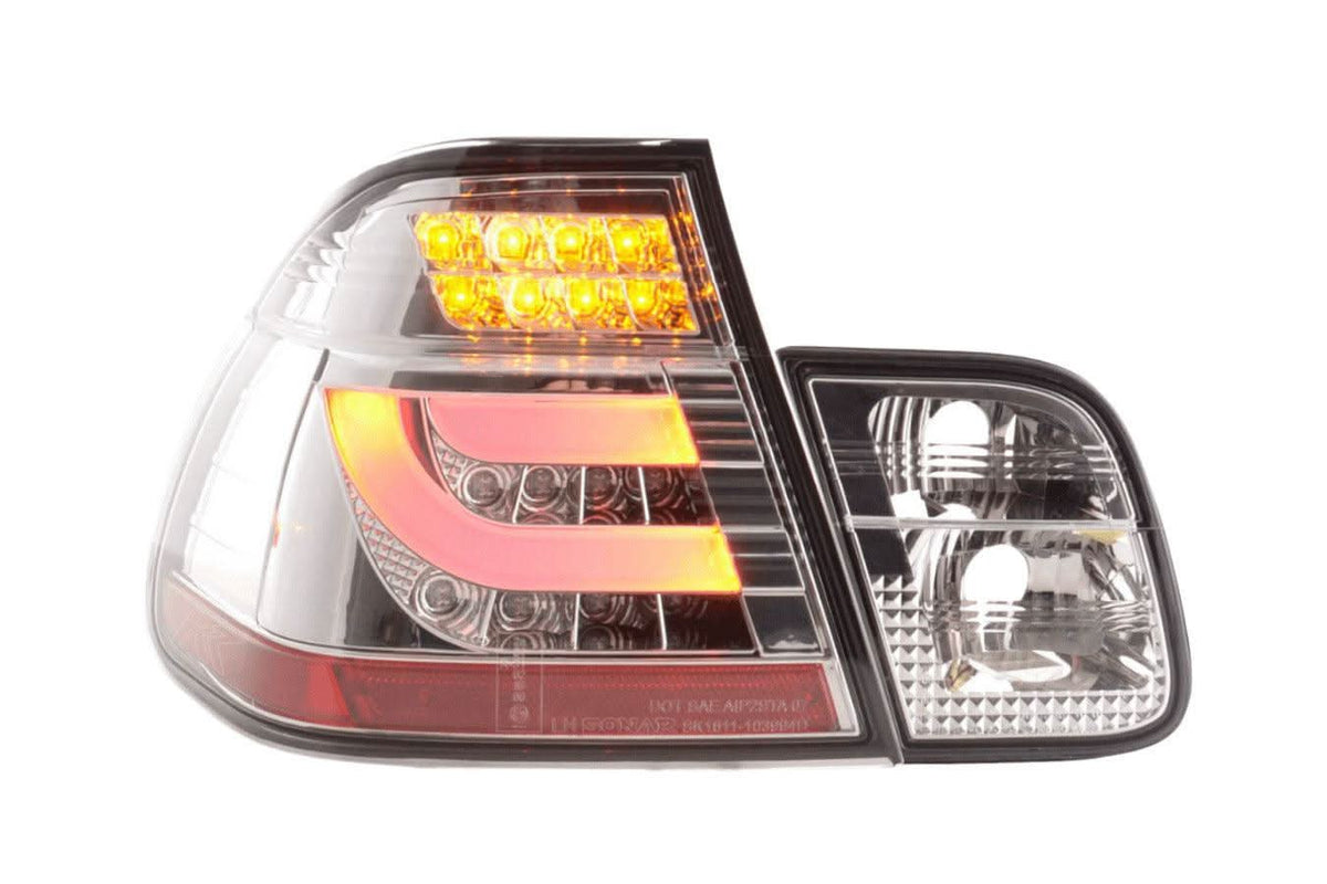 BMW 3-series E46 sedan chrome and clear LED taillights set, facelift model 2002-2005, by K2 Industries.