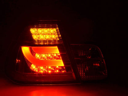 BMW 3-series E46 Sedan tail lights set with chrome and clear LED lightbar, for facelift models 2002-2005, by K2 Industries.