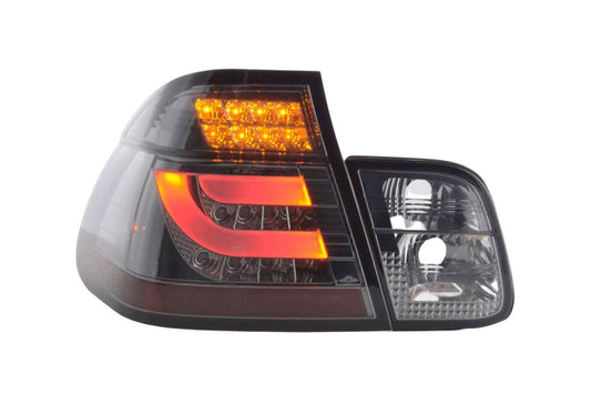 BMW 3 Series E46 sedan chrome smoked LED taillights set for facelift models 2002-2005 by K2 Industries, showing tail light details.
