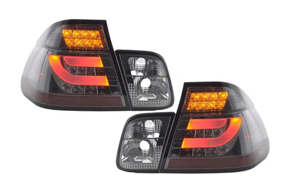 BMW 3-series E46 sedan chrome and smoked LED taillights set, facelift style, rear view showing sleek lightbar design by K2 Industries.